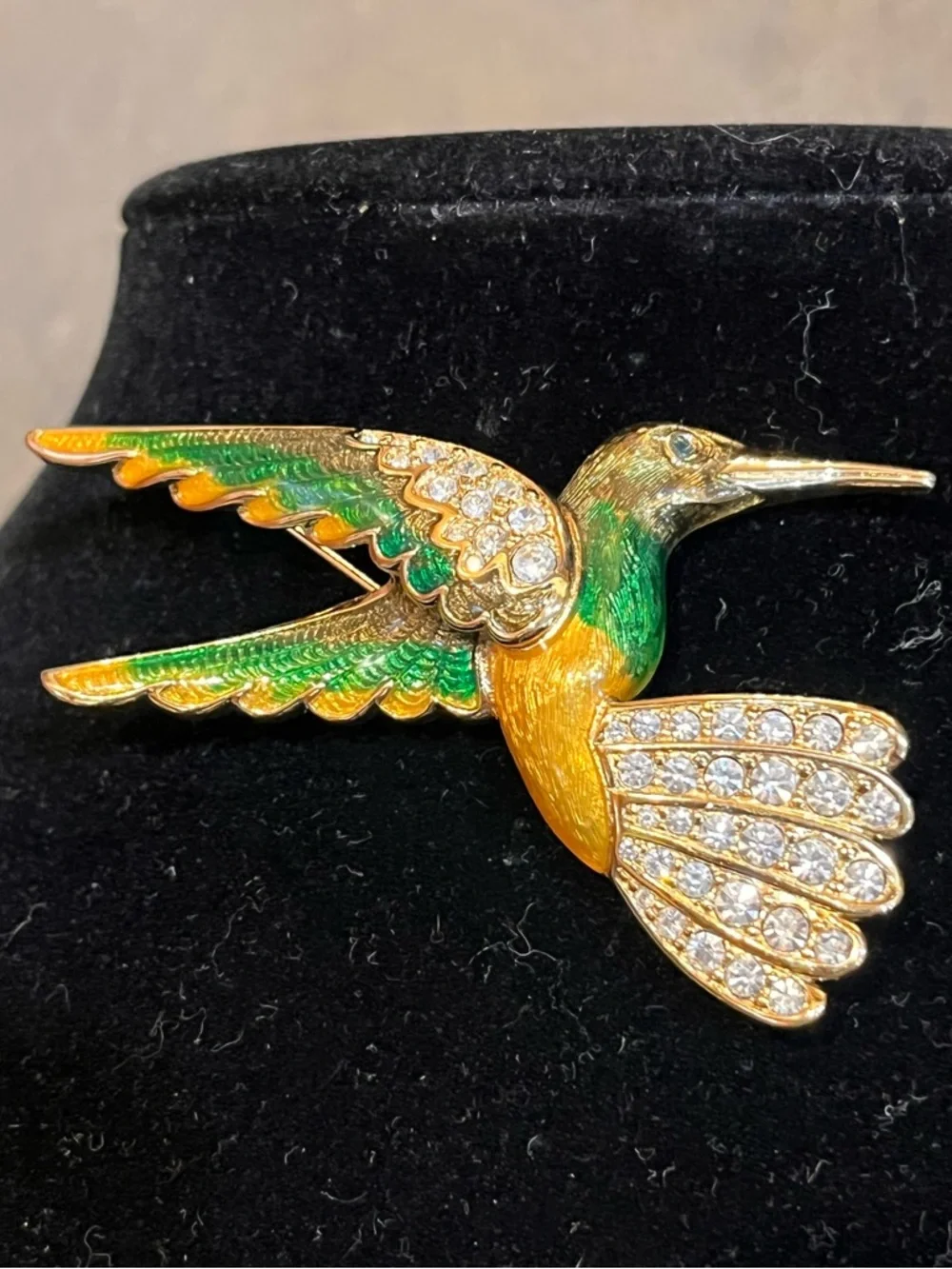 Swarovski Enamel Hummingbird Brooch - Pave Crystal Figural Bird Pin - Signed